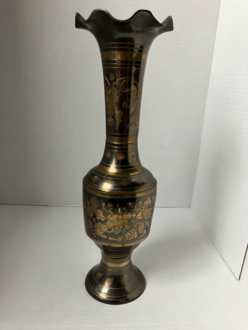 Vintage Brass and Black Floral Etched Vase Scalloped Top 13 Inch 1970’s Decor